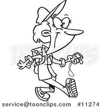 Cartoon Line Art Design of a Geocaching Lady Holding a Gps Device by Toonaday