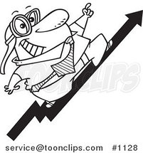 Cartoon Black and White Outline Design of a Business Man Wearing Goggles and Standing on an Upward Arrow by Toonaday