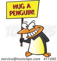 Cartoon Penguin Holding a Hug a Penguin Awareness Sign by Toonaday