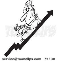 Cartoon Black and White Outline Design of a Business Man Holding a Thumb up on a Growth Arrow by Toonaday