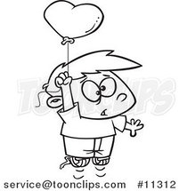 Cartoon Line Art Design of a Boy Floating with a Love Risk Heart Balloon by Toonaday