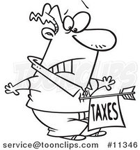 Cartoon Black and White Outline Design of a Guy Being Struck with a Taxes Arrow by Toonaday