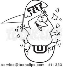 Cartoon Black and White Outline Design of a Freshmen Chick with a Flag in an Egg Shell by Toonaday