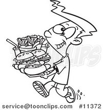 Cartoon Black and White Outline Design of a Boy Carrying a Heavy Fast Food Tray by Toonaday