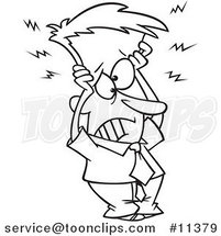 Cartoon Black and White Outline Design of a Frazzled Business Man Holding His Head by Toonaday