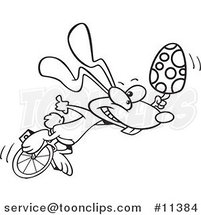 Cartoon Black and White Outline Design of a Talented Easter Bunny with an Egg on a Unicycle by Toonaday