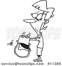 Cartoon Black and White Outline Design of a Lady Shaking Her Empty Purse by Toonaday