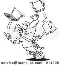 Cartoon Black and White Outline Design of a Business Man Juggling Tasks on a Unicycle by Toonaday