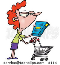 Cartoon Lady in a Grocery Store Readint the Nutrition Label on a Box of Food by Toonaday