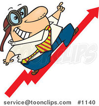 Cartoon Business Man Wearing Goggles and Standing on an Upward Arrow by Toonaday