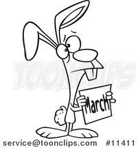 Cartoon Black and White Outline Design of a Sad Bunny Holding a March Sign by Toonaday