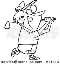 Cartoon Black and White Outline Design of a Lady Swinging a Golf Club by Toonaday