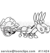 Cartoon Black and White Outline Design of Two Mules Pulling a Wagon Full of Rocks by Toonaday