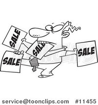 Cartoon Line Drawing of a Salesman Holding up Many Signs by Toonaday