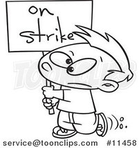 Cartoon Line Drawing of a Boy Carrying an on Strike Sign by Toonaday