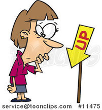 Cartoon Business Lady Looking at an up Sign Pointing Downwards by Toonaday