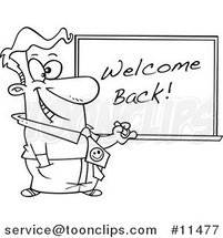 Cartoon Line Drawing of a Teacher Writing Welcome Back on a Board by Toonaday