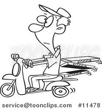 Cartoon Line Drawing of a Guy Delivering Pizza on a Scooter by Toonaday