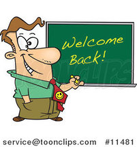 Cartoon Teacher Writing Welcome Back on a Board by Toonaday