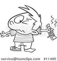 Cartoon Line Drawing of a Boy Holding out a Smelly Shoe by Toonaday