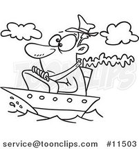 Cartoon Line Drawing of a Guy on a Tiny Ship by Toonaday