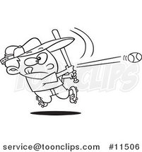 Cartoon Line Drawing of a Baseball Boy Hitting a Home Run by Toonaday