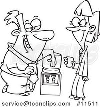 Cartoon Line Drawing of Colleagues Flirting at the Water Cooler by Toonaday