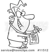 Cartoon Line Drawing of an Eager Business Man Holding a Contract by Toonaday