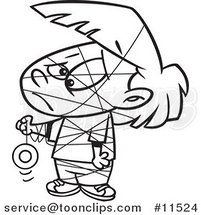 Cartoon Girl Tangled in Her Yo Yo String Black and White Outline by Toonaday