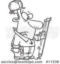 Cartoon Carpenter Nailing His Hand to a Board Black and White Outline by Toonaday