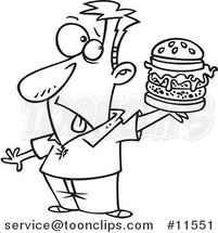 Cartoon Guy Holding a Reject Burger Black and White Outline by Toonaday