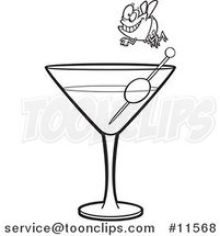 Cartoon Fly Diver over a Martini Black and White Outline by Toonaday