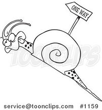 Cartoon Black and White Outline Design of a Tired Snail Going Uphill near a One Way Sign by Toonaday