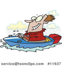 Cartoon Happy Guy Driving a Motor Boat on a Lake by Toonaday