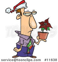 Cartoon Disgruntled Employee in a Santa Hat, Holding a Poinsettia Plant As a Christmas Bonus by Toonaday