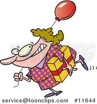 Cartoon Birthday Girl in a Polka Dot Dress, Carrying a Present and Balloon by Toonaday