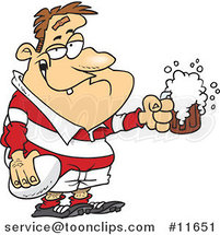 Cartoon Drunk Rugby Player Holding a Ball and Frothy Beer by Toonaday