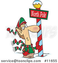 Cartoon Christmas Elf Leaning Against a North Pole Post by Toonaday