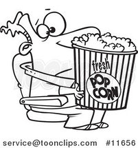 Cartoon Outlined Movie Guy Holding a Big Bucket of Popcorn by Toonaday