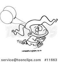 Cartoon Outlined Birthday Girl Running with Party Balloons by Toonaday