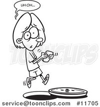 Cartoon Outlined Distracted Girl Texting and Falling into a Manhole by Toonaday