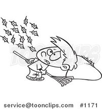 Cartoon Black and White Outline Design of a Breeze Blowing More Leaves on the Ground for a Boy to Rake up by Toonaday