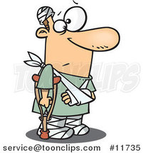 Cartoon Accident Prone Guy with Bandages and a Crutch by Toonaday