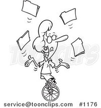 Cartoon Black and White Outline Design of a Business Woman Juggling File Folders on a Unicycle by Toonaday