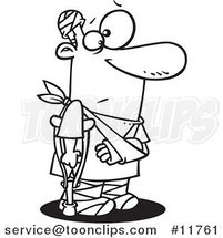 Cartoon Outlined Accident Prone Guy with Bandages and a Crutch by Toonaday