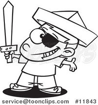 Cartoon Outlined Pirate Boy with a Newspaper Hat and Sword by Toonaday
