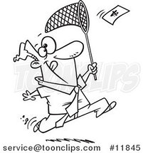 Cartoon Outlined Business Man Chasing Money with a Net by Toonaday