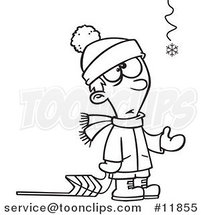 Cartoon Outlined Hopeful Boy with a Sled and One Snowflake by Toonaday