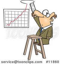 Cartoon Business Man Sawing a Hole in the Ceiling for His Profit Chart by Toonaday