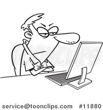 Cartoon Outlined Grumpy Guy Sitting at His Computer Desk by Toonaday